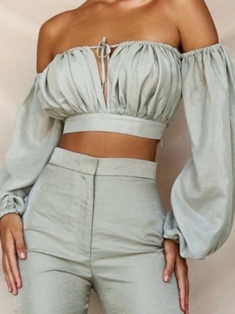 House of CB pistachio Green Off-Shoulder Puff Sleeve Crop Top